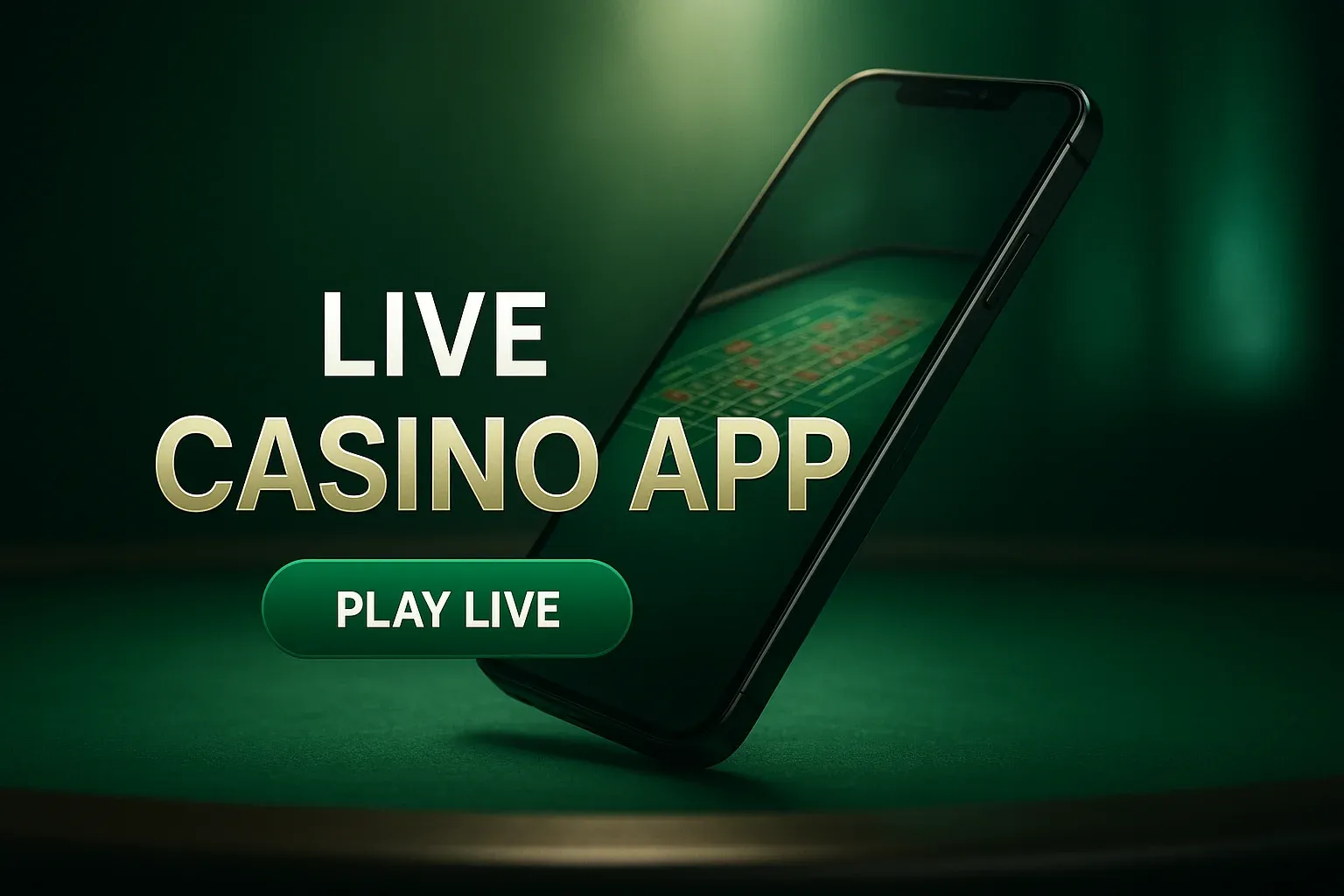 Photorealistic live casino app banner with smartphone and green felt table
