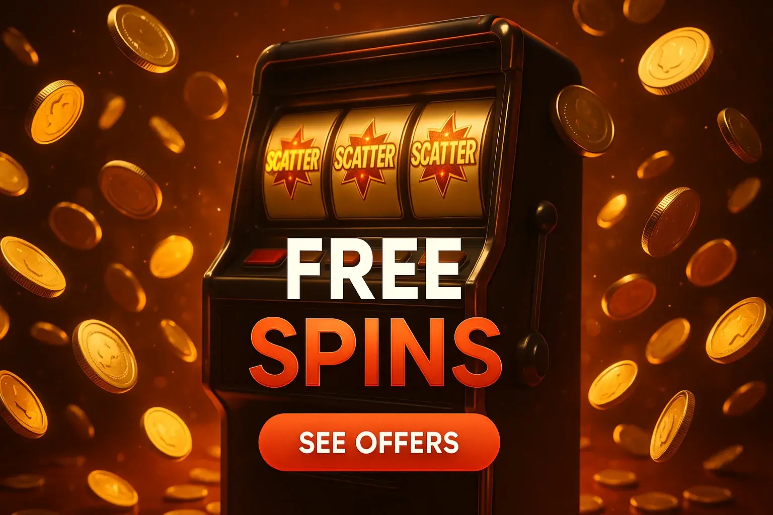 Photorealistic casino banner with glowing slot machine, bonus scatters and gold coins