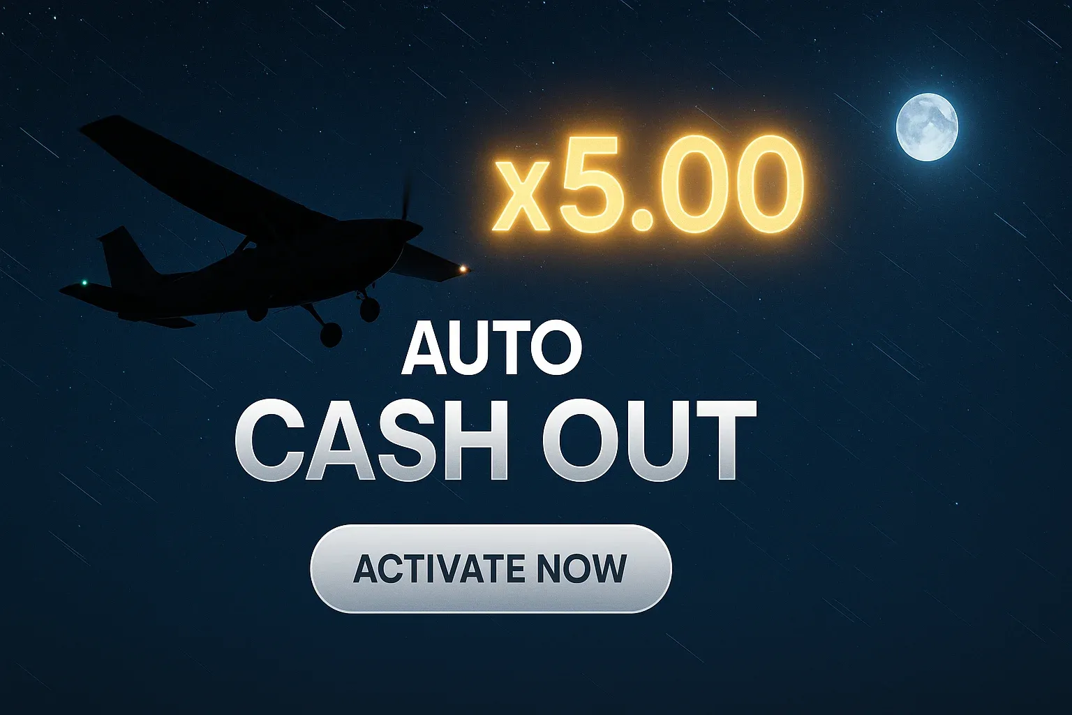 Wide casino banner with aircraft silhouette, x5.00 multiplier and star trails