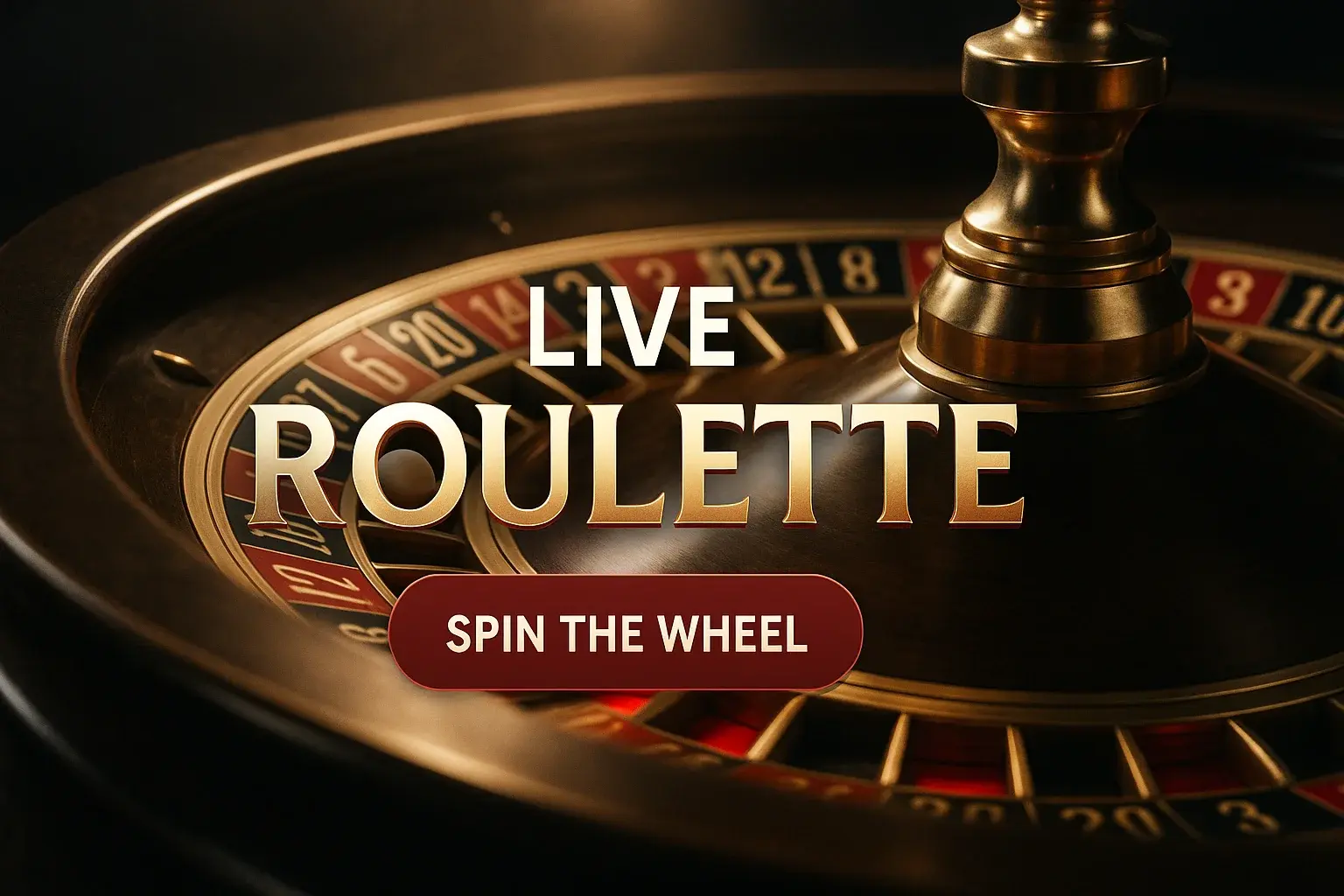 Wide live roulette banner with spinning wheel, ball and CTA button