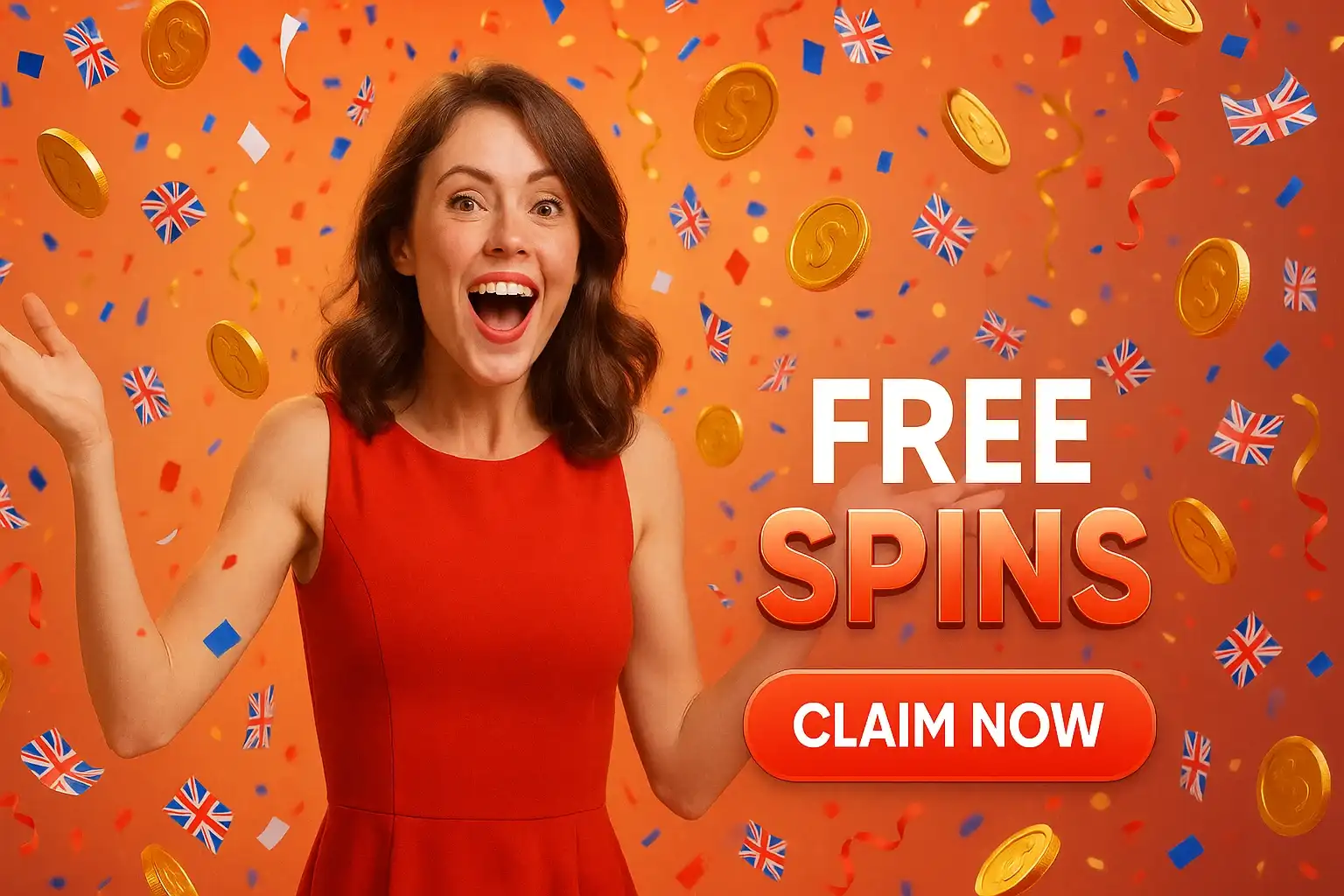 Photorealistic casino banner with British woman, Union Jack confetti and gold coins