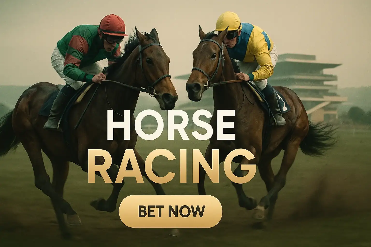 Wide Cheltenham horse racing betting banner with jockeys, misty grandstand and CTA